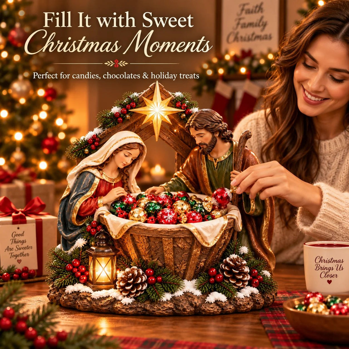 Nativity Blessing Bowl™ | Lighted Christmas Treat Bowl with Mary, Joseph & Bethlehem Star 🎄