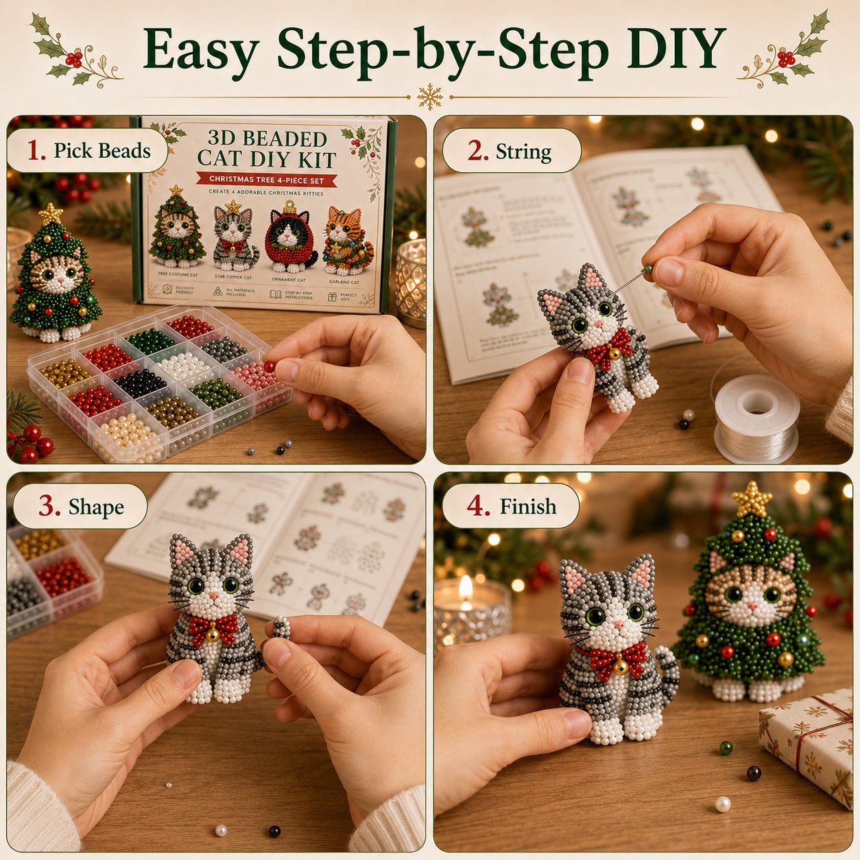 🐱🎄 Premium 3D Beaded Christmas Cats DIY Kit | Luxury Flocked Canvas with Scratch-Resistant Non-Fading Pearl Beads DIY Holiday Decor & Step-by-Step Guide ✨