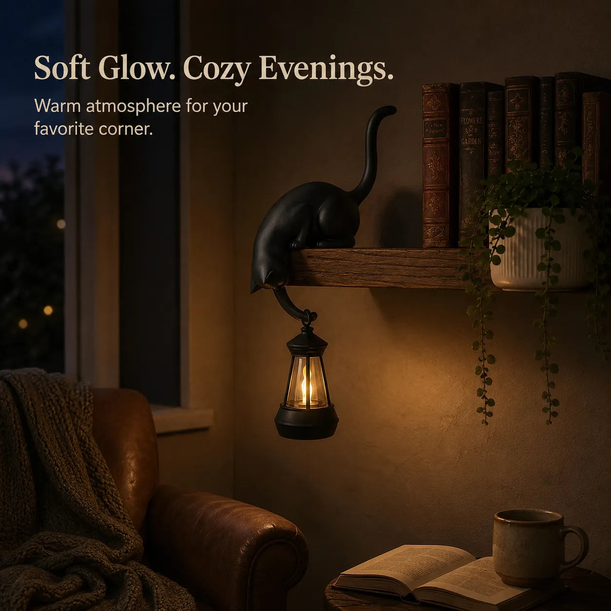 🐱 Curious Black Cat Shelf Ornament with LED Lantern Light