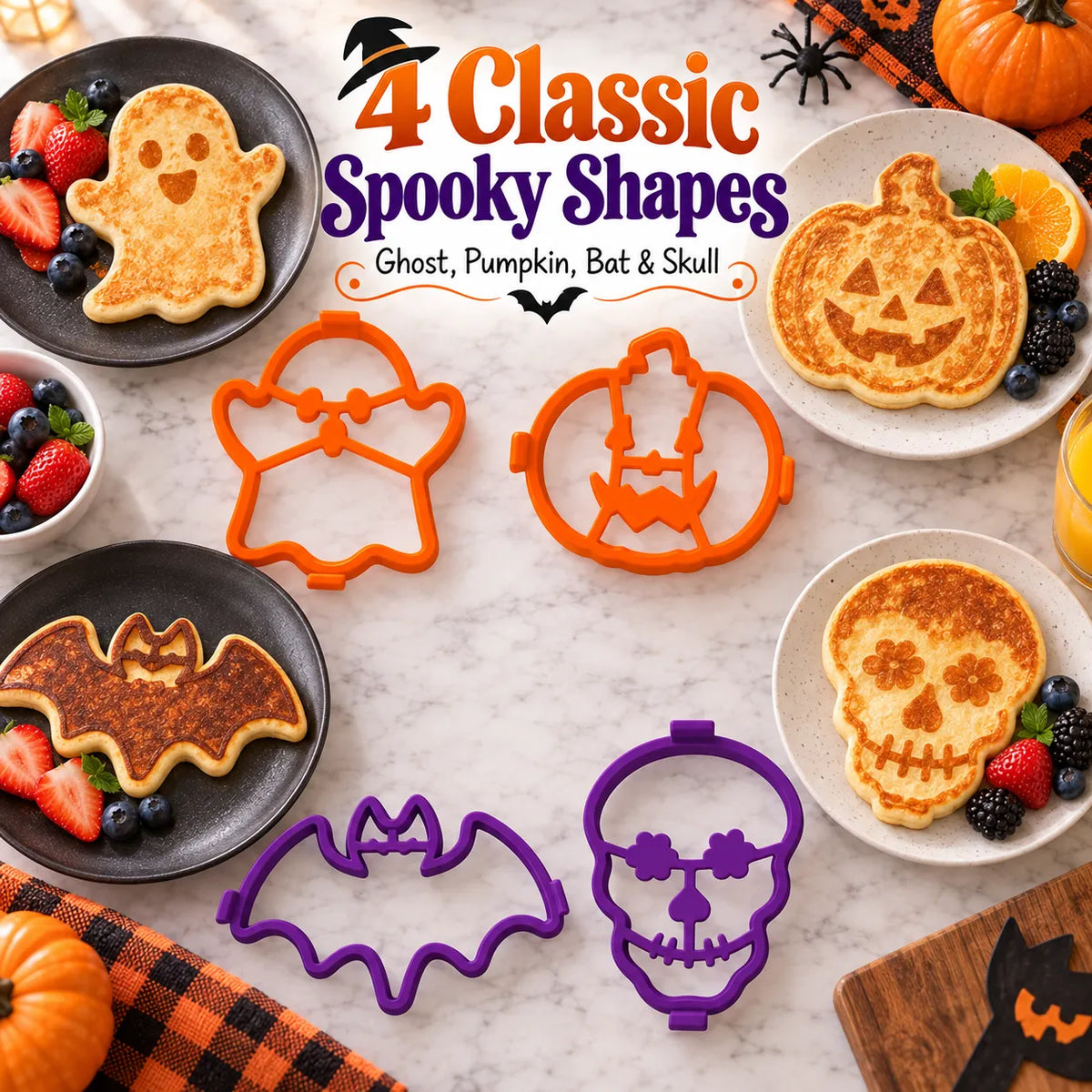 🎃🍳 Spooky Breakfast Shape Set – 4 Reusable Molds for Pancakes, Eggs & Halloween Fun