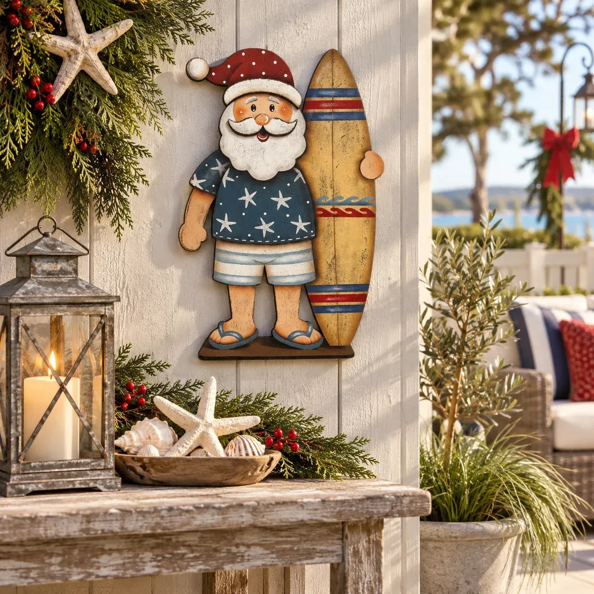 ⏳ Last Day 49% OFF – 🎅🌊 Surfing Santa Christmas Wall Light – Vintage Coastal Holiday Décor with Warm LED Glow & Remote
