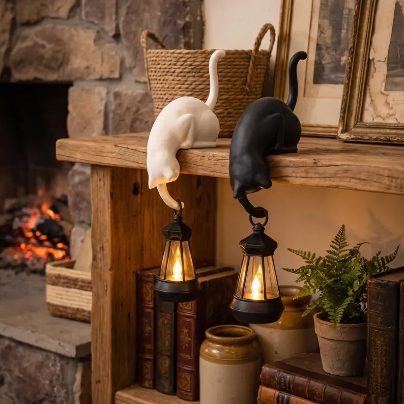 🐱 Curious Black Cat Shelf Ornament with LED Lantern Light