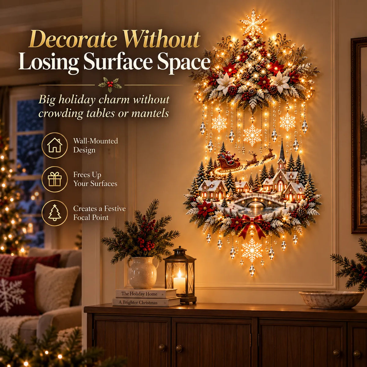🎄✨ Christmas Village Starfall Wall Display – Warm Light Tree & Snowy Holiday Scene