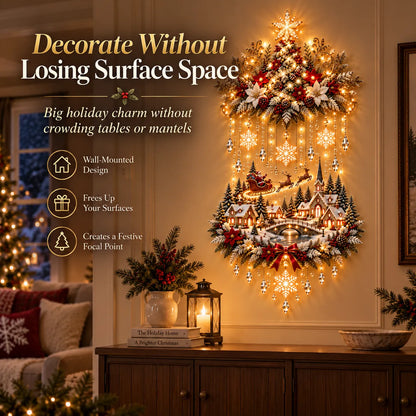 🎄✨ Christmas Village Starfall Wall Display – Warm Light Tree & Snowy Holiday Scene
