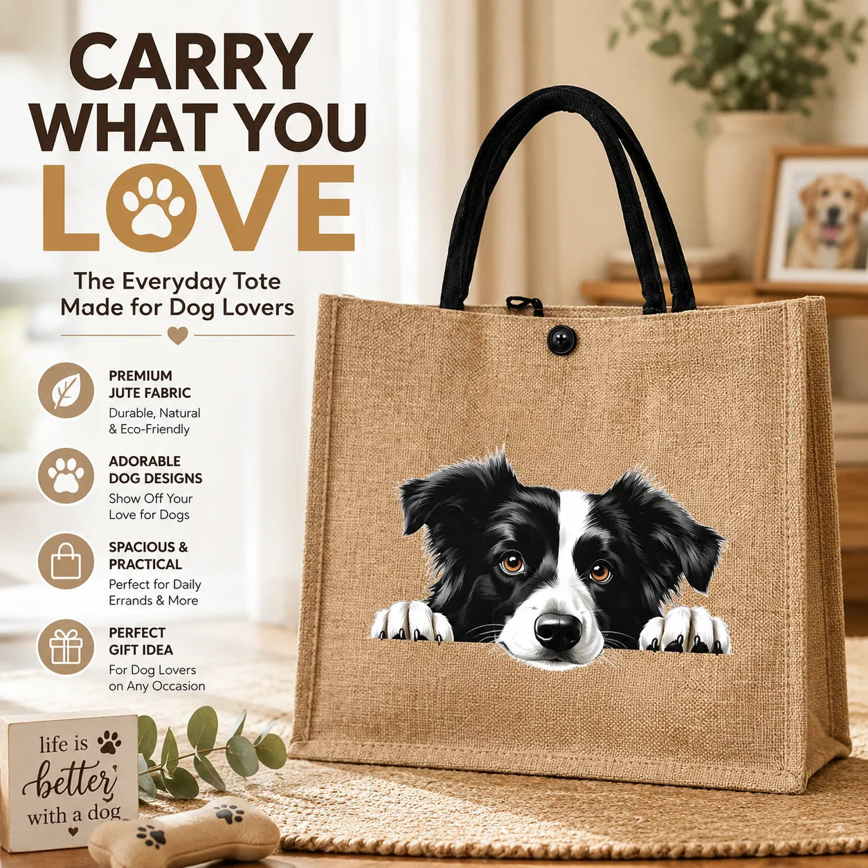 🐶 Peeking Dog Jute Tote Bag | Cute Reusable Shopping Bag for Dog Lovers & Dog Moms 🐾