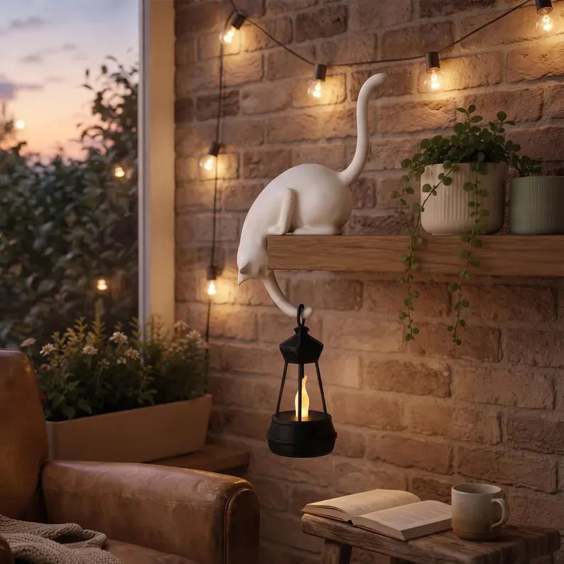 🐱 Curious Black Cat Shelf Ornament with LED Lantern Light