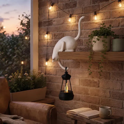 🐱 Curious Black Cat Shelf Ornament with LED Lantern Light
