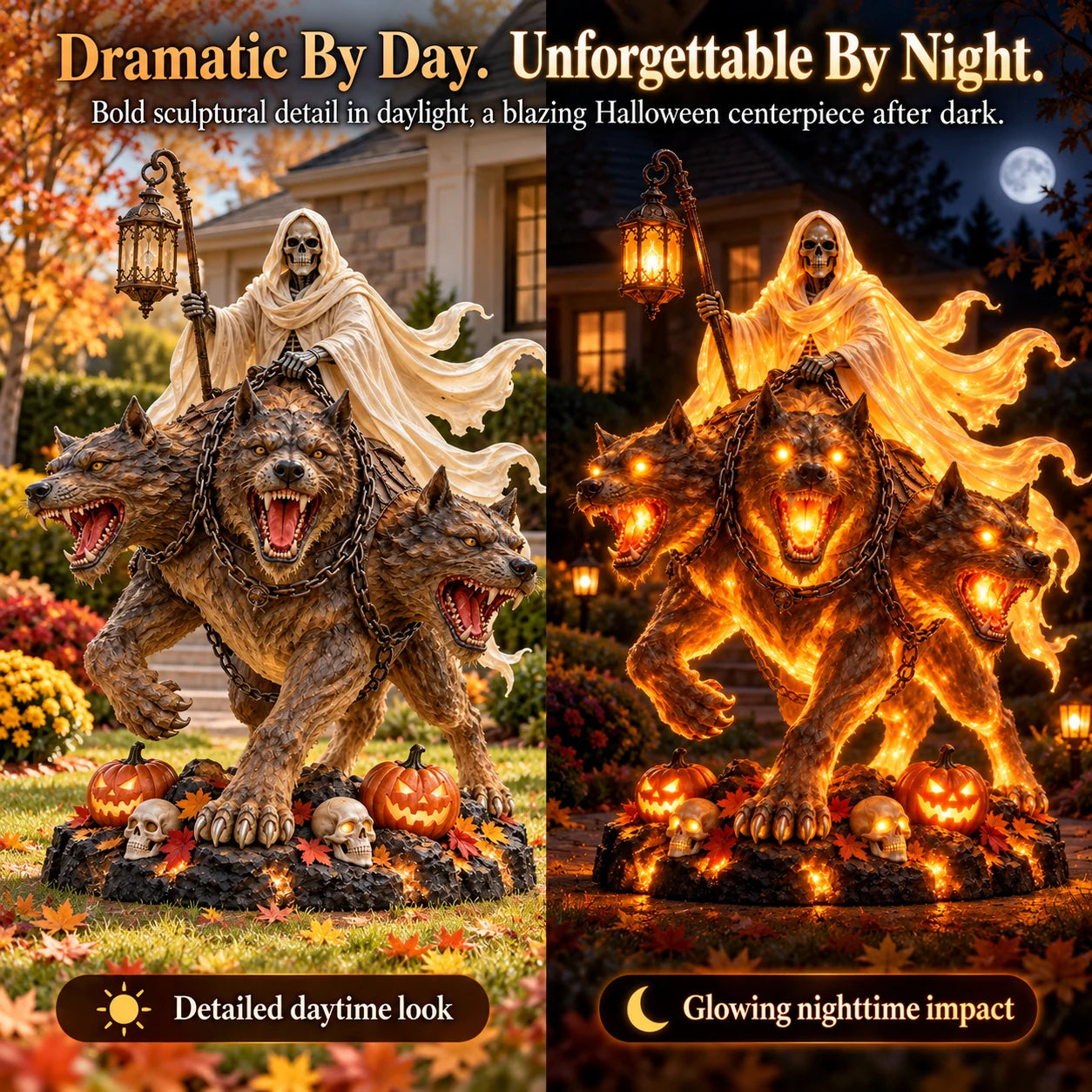 Day and night comparison of Cerberus Grim Reaper Halloween statue