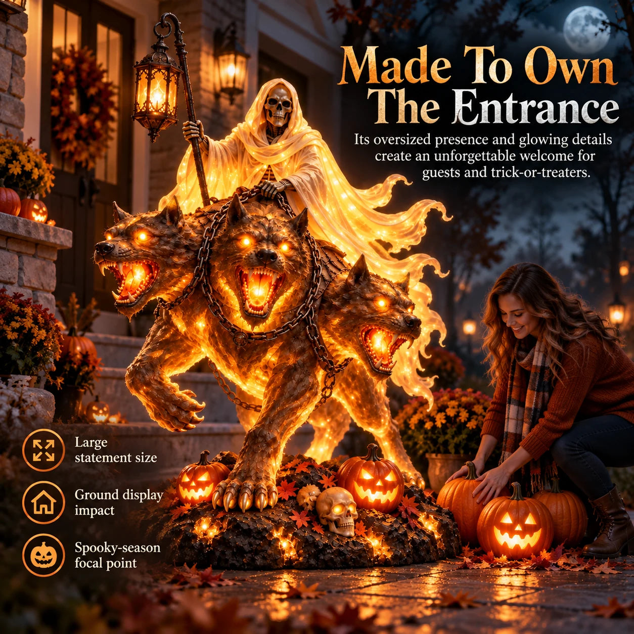 Cerberus Grim Reaper Halloween statue styled at a front entrance