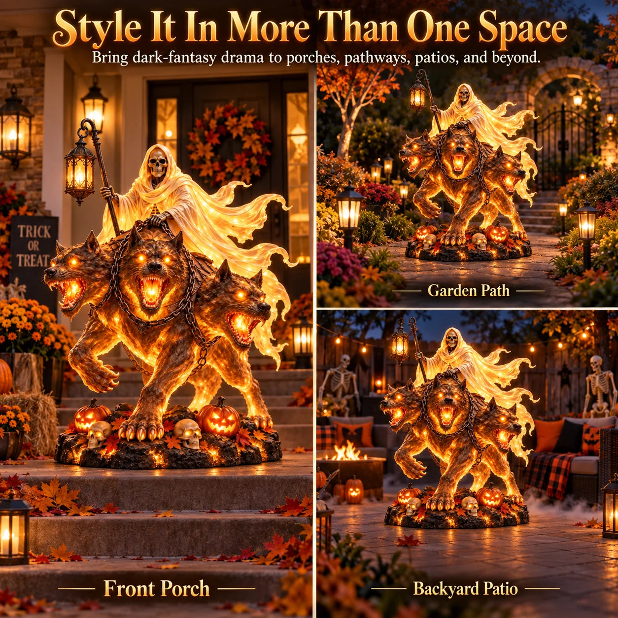 Multiple styling ideas for the Cerberus Grim Reaper Halloween statue