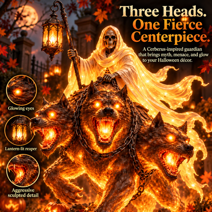 💀🔥 Cerberus Grim Reaper Lighted Statue | Three-Headed Hellhound Halloween Guardian with Lantern