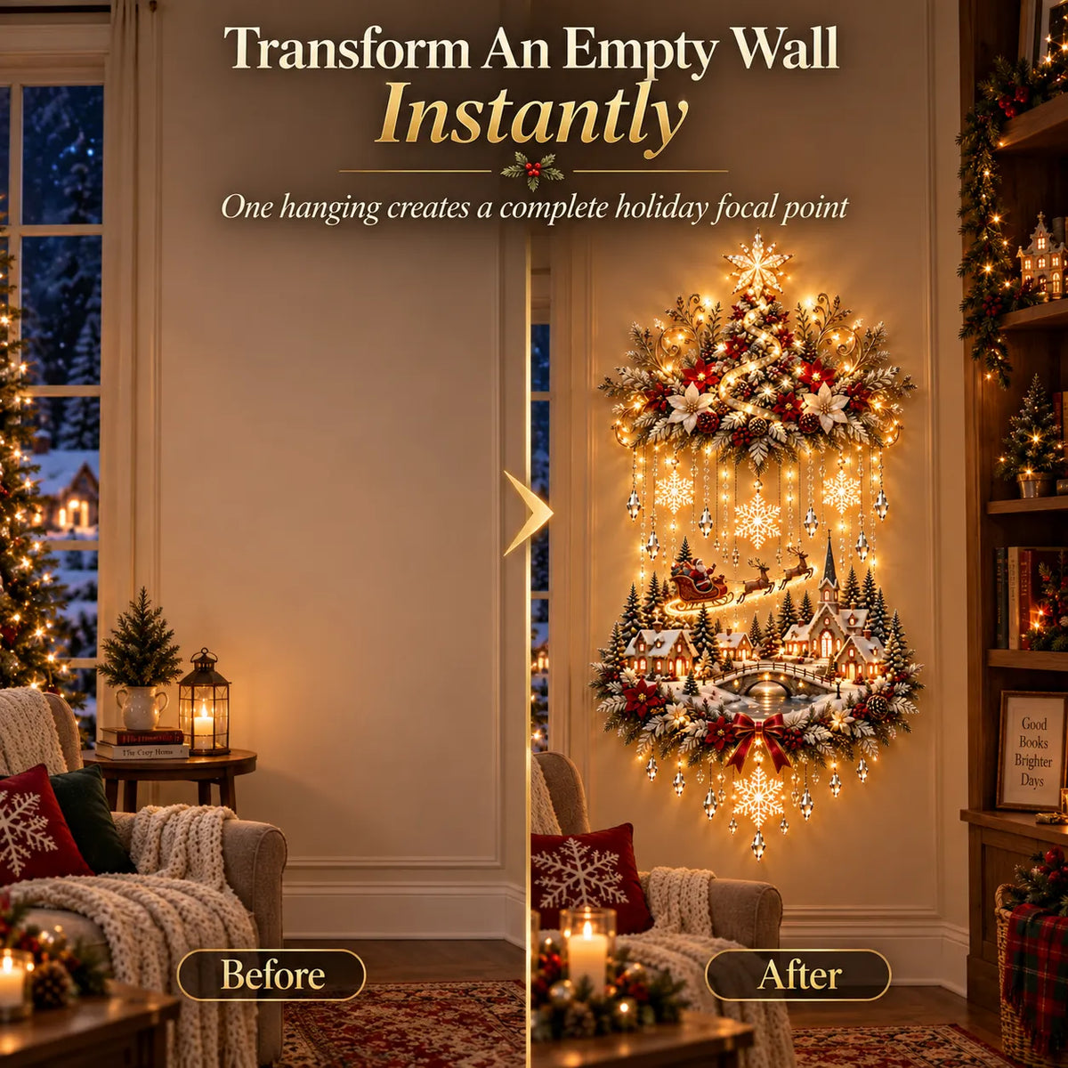 🎄✨ Christmas Village Starfall Wall Display – Warm Light Tree & Snowy Holiday Scene