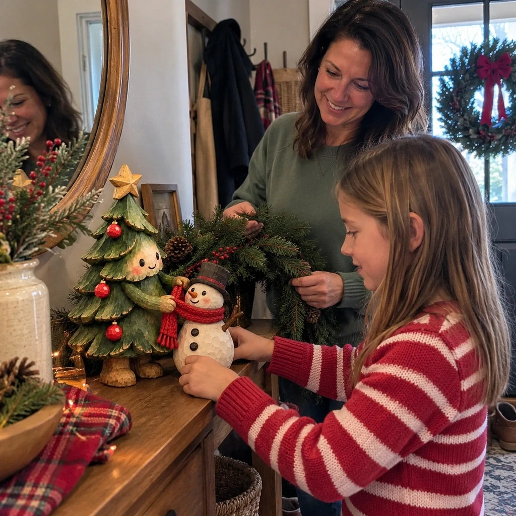 Mother and daughter arranging Christmas Tree and Snowman figurine on an entryway console