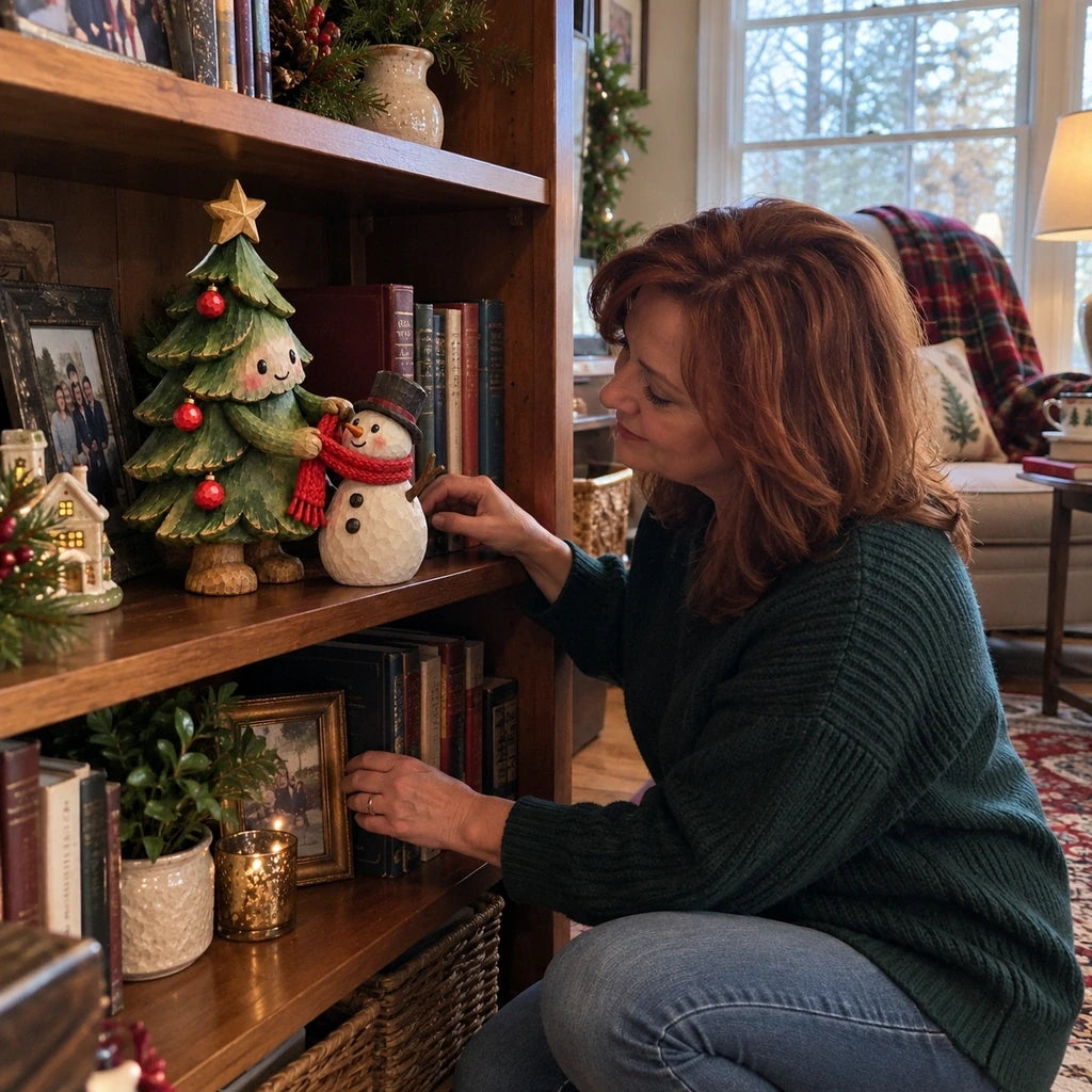 Woman placing Christmas figurine on a bookshelf in a holiday reading corner