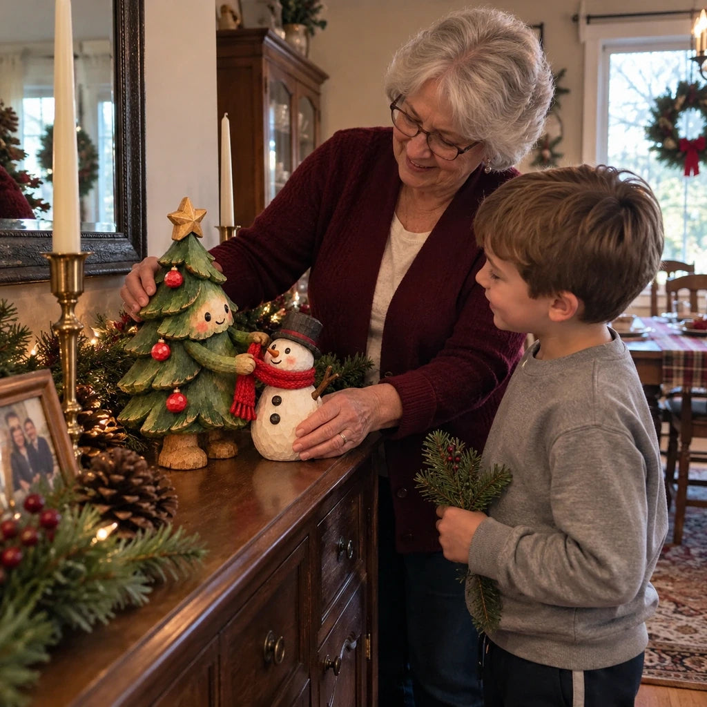 Grandmother and grandson arranging the tree and snowman decoration together