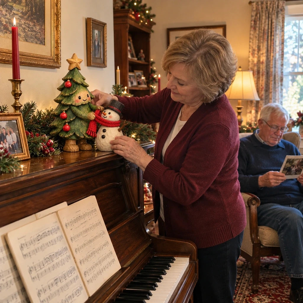 Woman positioning Christmas figurine on a piano in a decorated living room