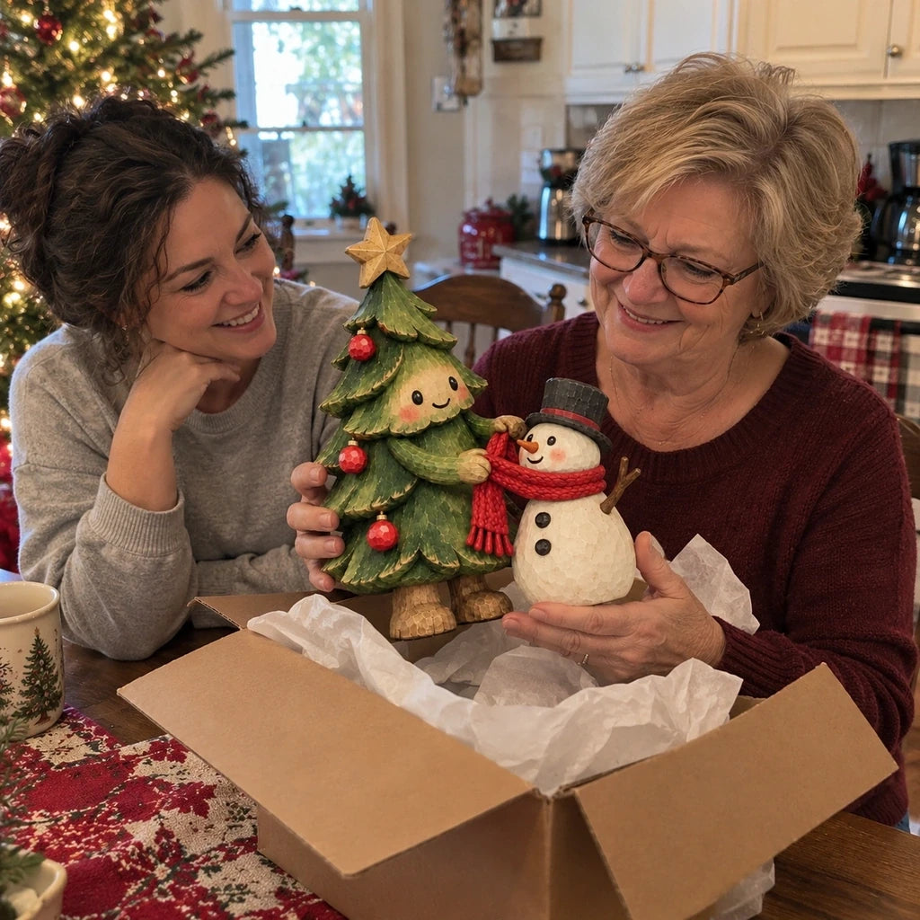 Family opening a box containing the Christmas Tree and Snowman decoration