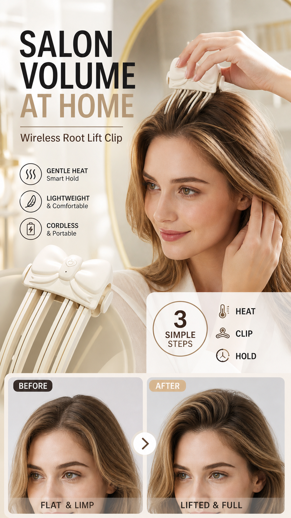 Before and after crown volume using a heated root lift clip