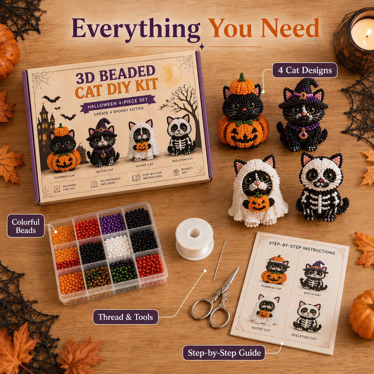 🐈‍⬛🎃 Premium 3D Beaded Halloween Cat DIY Kit | Luxury Flocked Canvas with Scratch-Resistant Non-Fading Pearl Beads DIY Spooky Decor & Step-by-Step Guide ✨