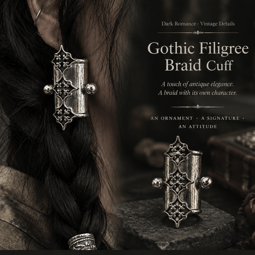🖤2Pcs Gothic Filigree Hair Cuff for Braids, Vintage Antique Silver Medieval Hair Ring, Dark Romantic Hair Jewelry Accent