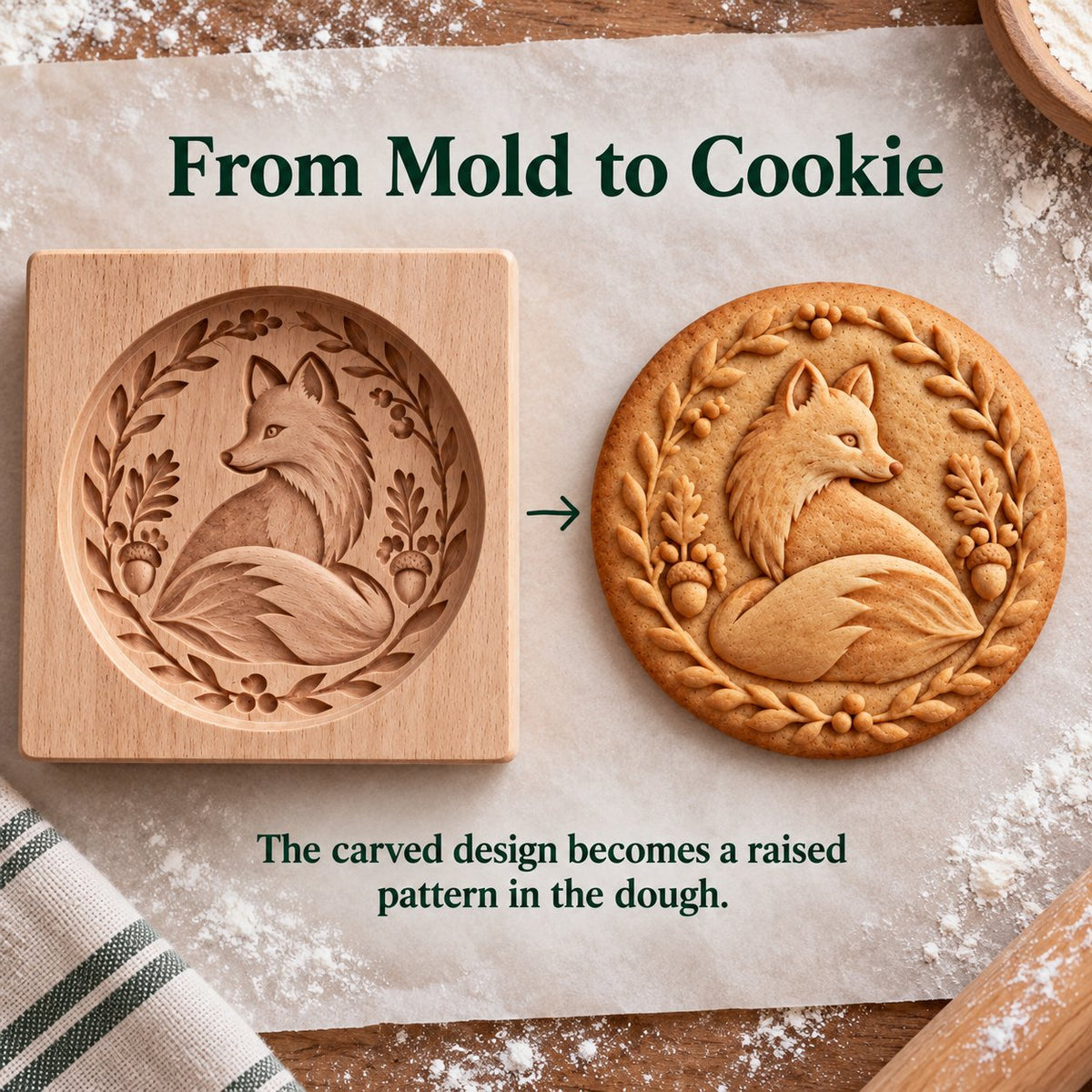 🍪 Woodland Animal Cookie Mold | 4.7-Inch Wooden Embossing Mold for Cozy Homemade Cookies
