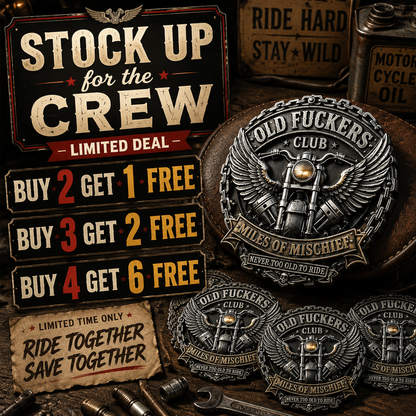 Old Fuckers Club – Miles of Mischief Motorcycle Emblem | Ride with Pride