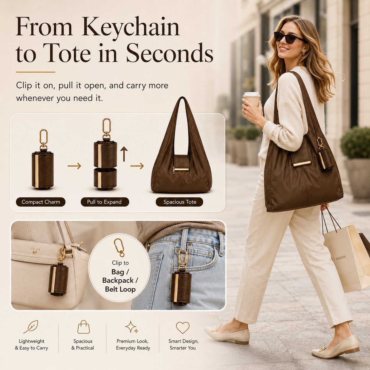 Varelli Charm Transformable Bag – Stylish Vegan Leather Tote & Keychain Charm