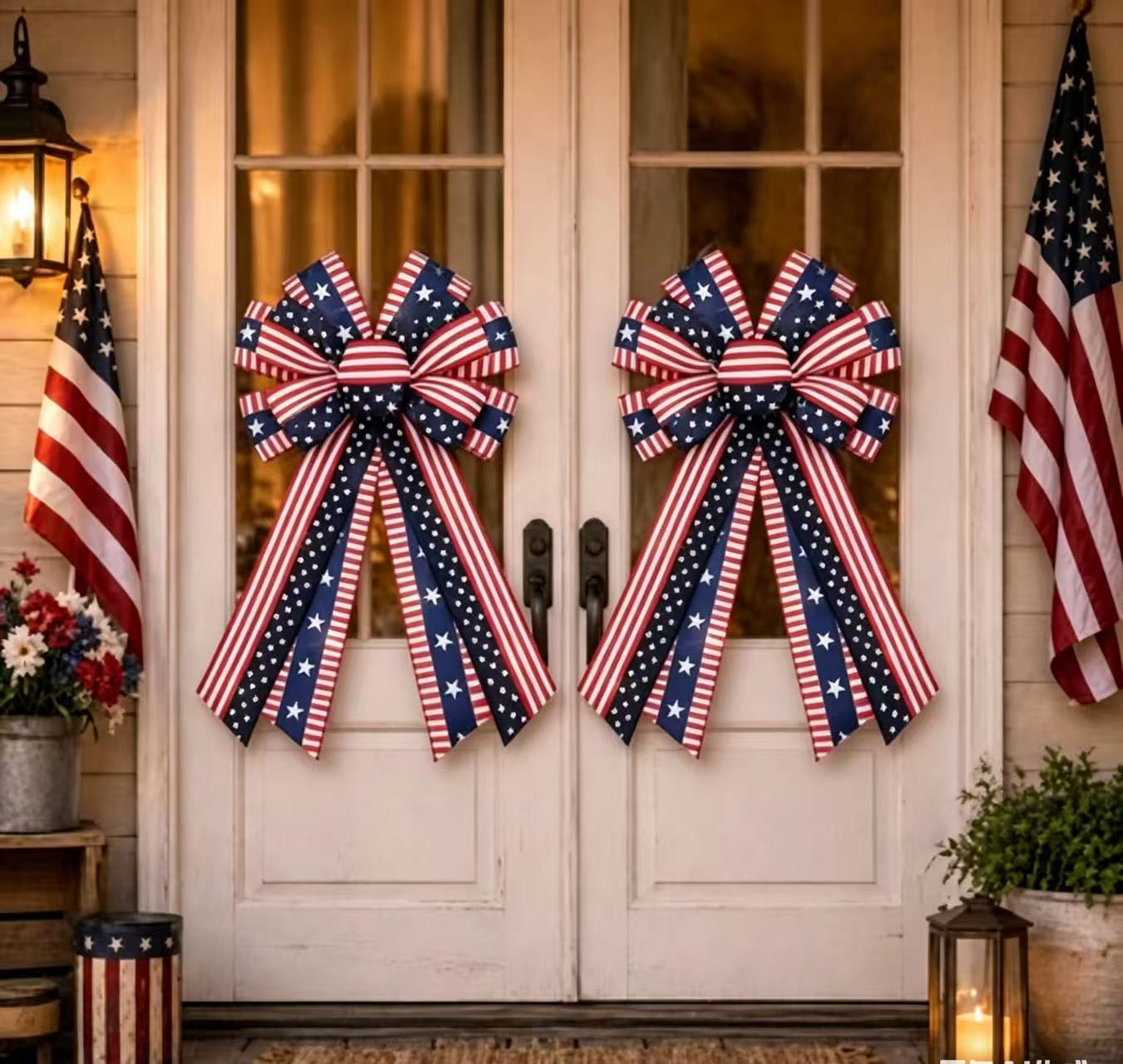 Classic Patriotic Burlap Bow - Rustic American Flag Wreath Decor for Front Doors, Porches & Home Celebration