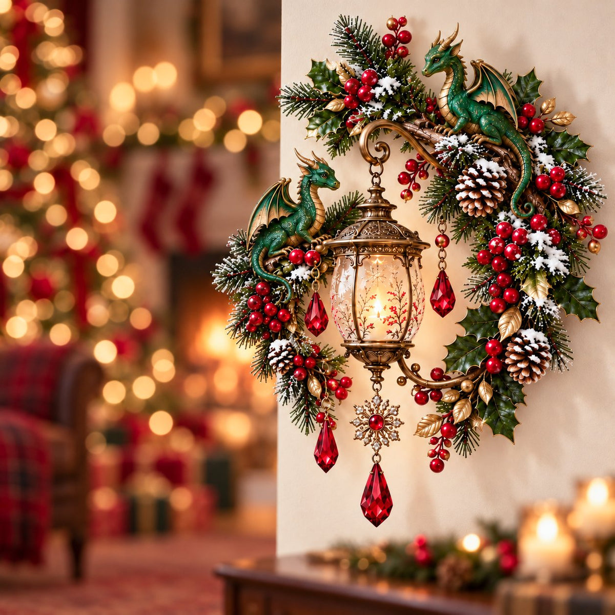 🐉 Christmas Dragon Keeper Lighted Wall Wreath Lamp - A Little Christmas Magic, Guarded by Dragons ✨