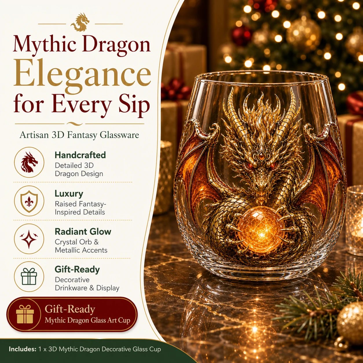 🔥🎁🐉✨ 3D Mythic Dragon Glass Art Cup | Luxury Raised Fantasy Glassware for Whiskey, Home Bar Décor & Legendary Gifts 🎁