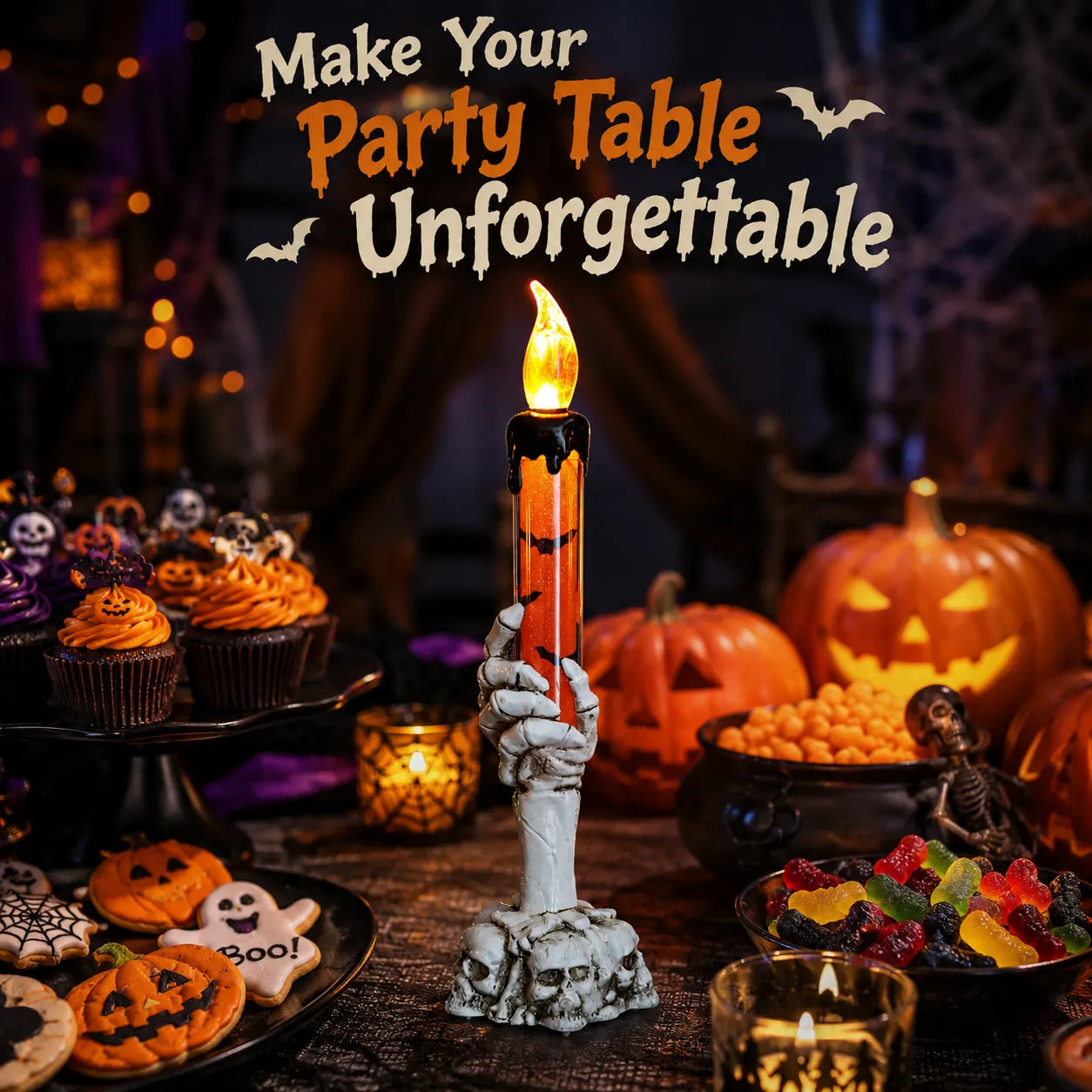 💀 Halloween Skeleton Hand LED Candle Decor, Resin Ghost Hand Electronic Flameless Candle Ornament