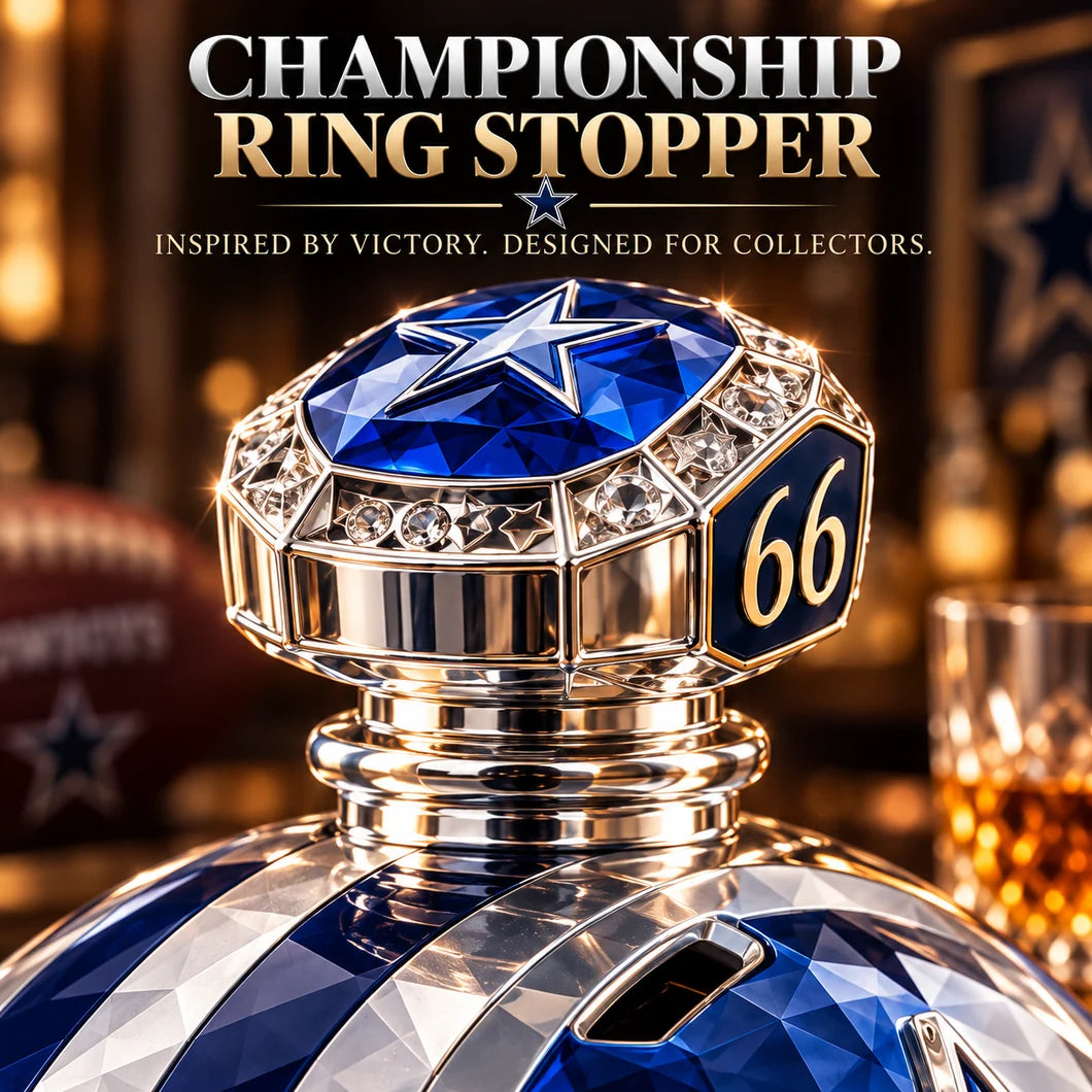 Close-up of championship ring-inspired stopper with blue star and 66 motif