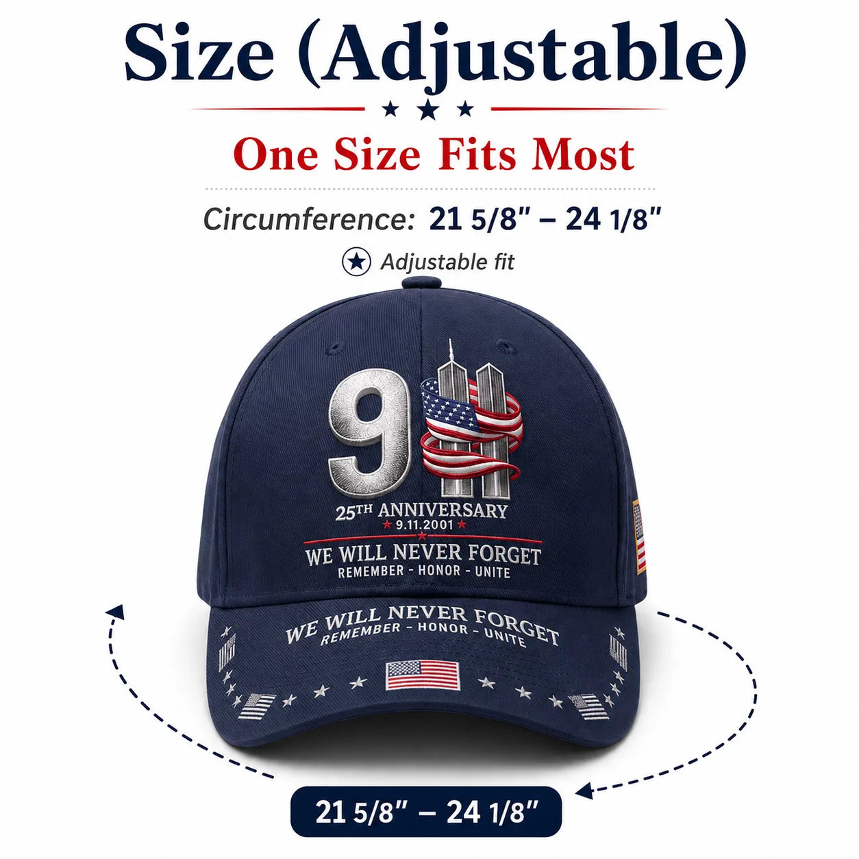 9/11 25th Anniversary We Will Never Forget Embroidered Memorial Baseball Cap – Unisex Patriotic Memorial Hat🧢 100% Cotton
