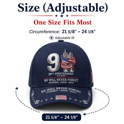 9/11 25th Anniversary We Will Never Forget Embroidered Memorial Baseball Cap – Unisex Patriotic Memorial Hat🧢 100% Cotton
