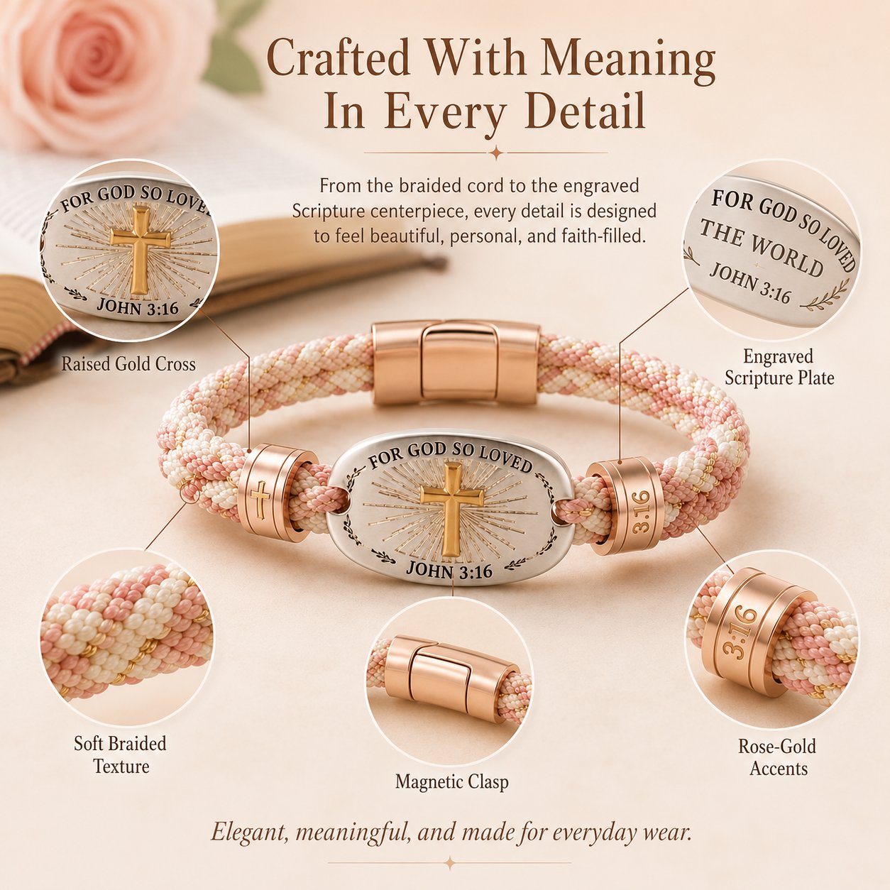 ✝️ Christian Scripture Faith Bracelet Collection | 6 Meaningful Bible Verse Designs with Raised Gold Cross, Magnetic Clasp & Matching Gift Box 💗✨
