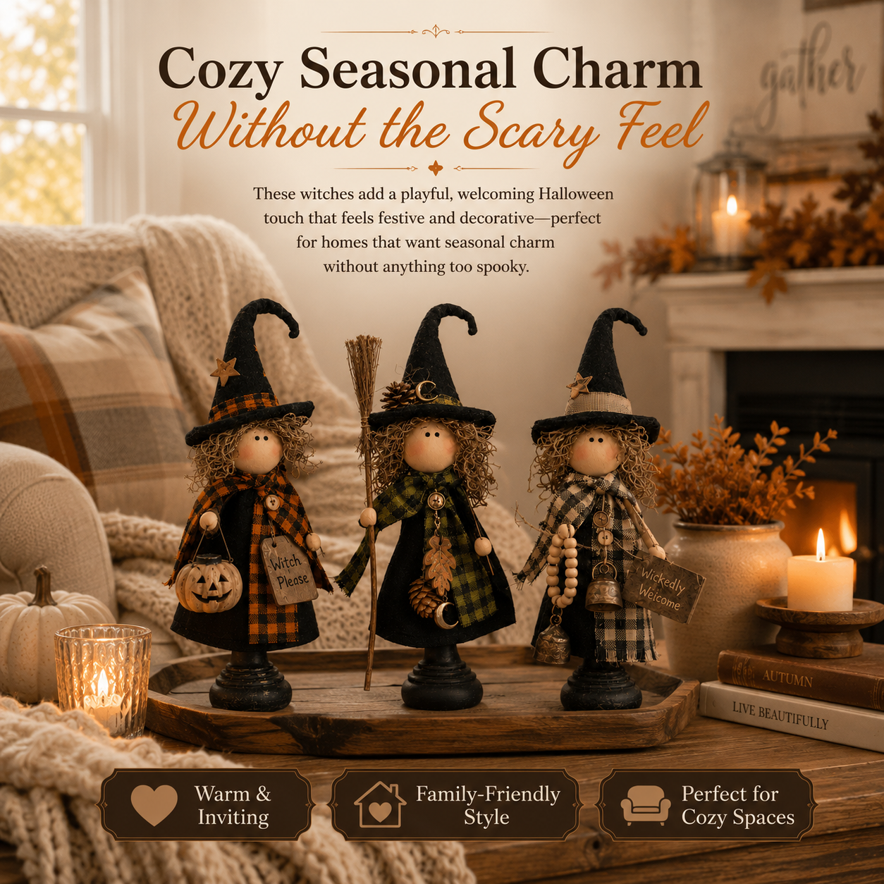 Rustic Halloween Witch Trio, Set of 3 – Primitive Farmhouse Tabletop Décor