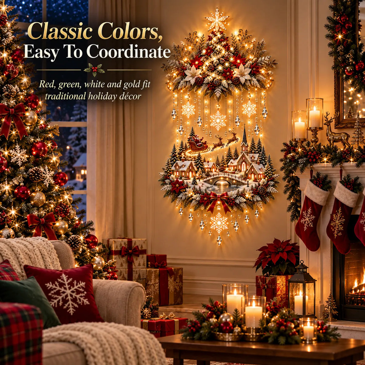 🎄✨ Christmas Village Starfall Wall Display – Warm Light Tree & Snowy Holiday Scene