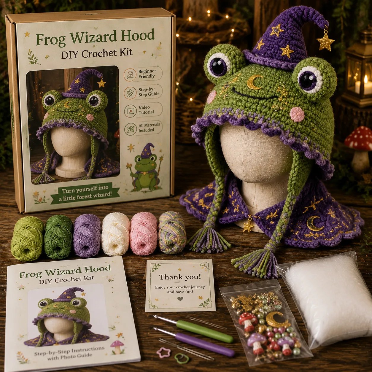 🐉🧶 Fantasy Hood Hat DIY Crochet Kit – Stitch Your Own Magical Character