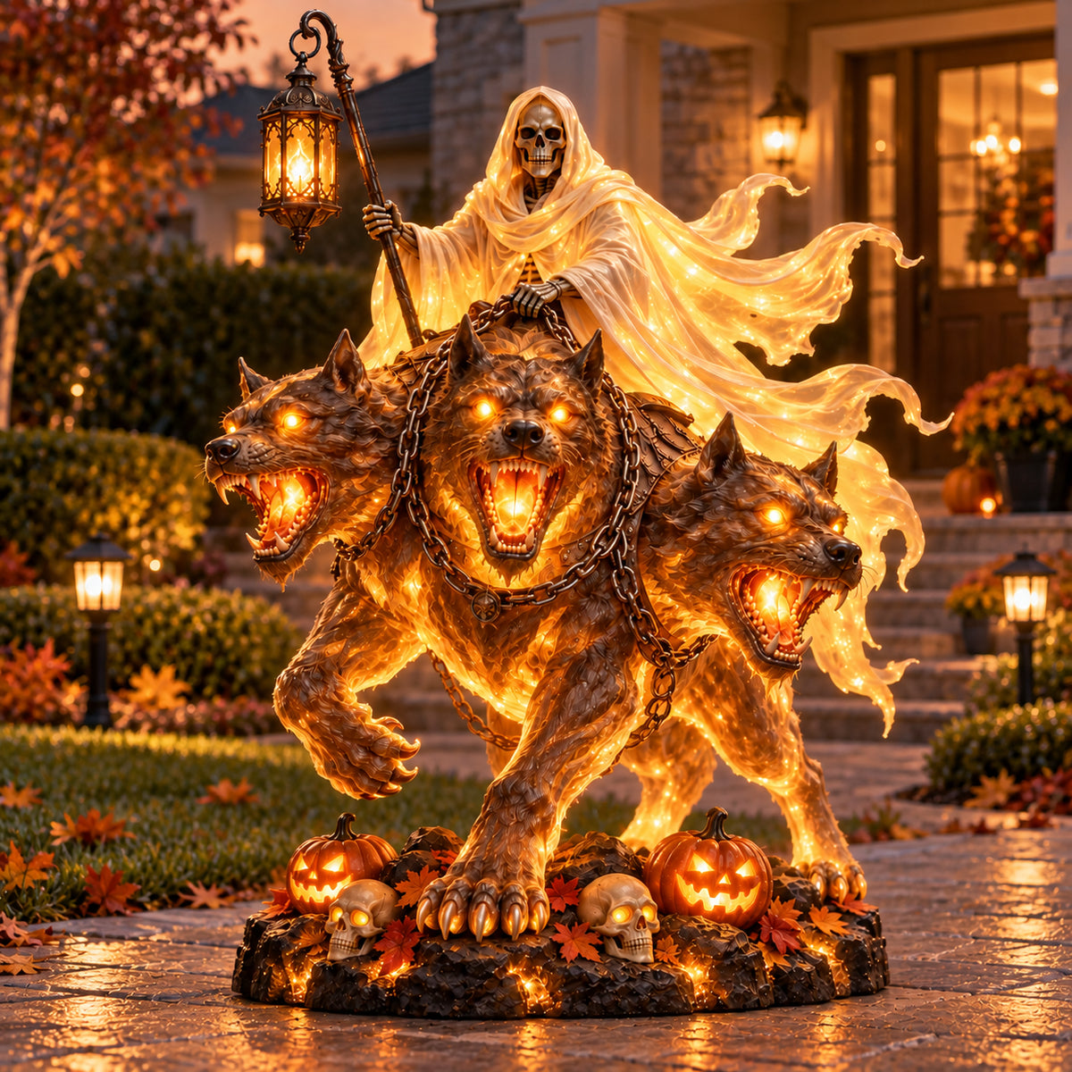 💀🔥 Cerberus Grim Reaper Lighted Statue | Three-Headed Hellhound Halloween Guardian with Lantern