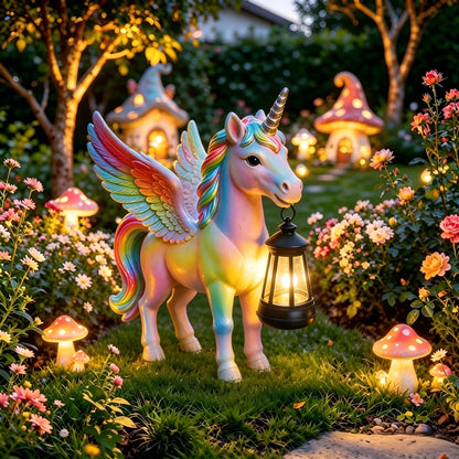 🌈✨Rainbow Winged Unicorn Solar Garden Statue with Lantern Light✨🌈