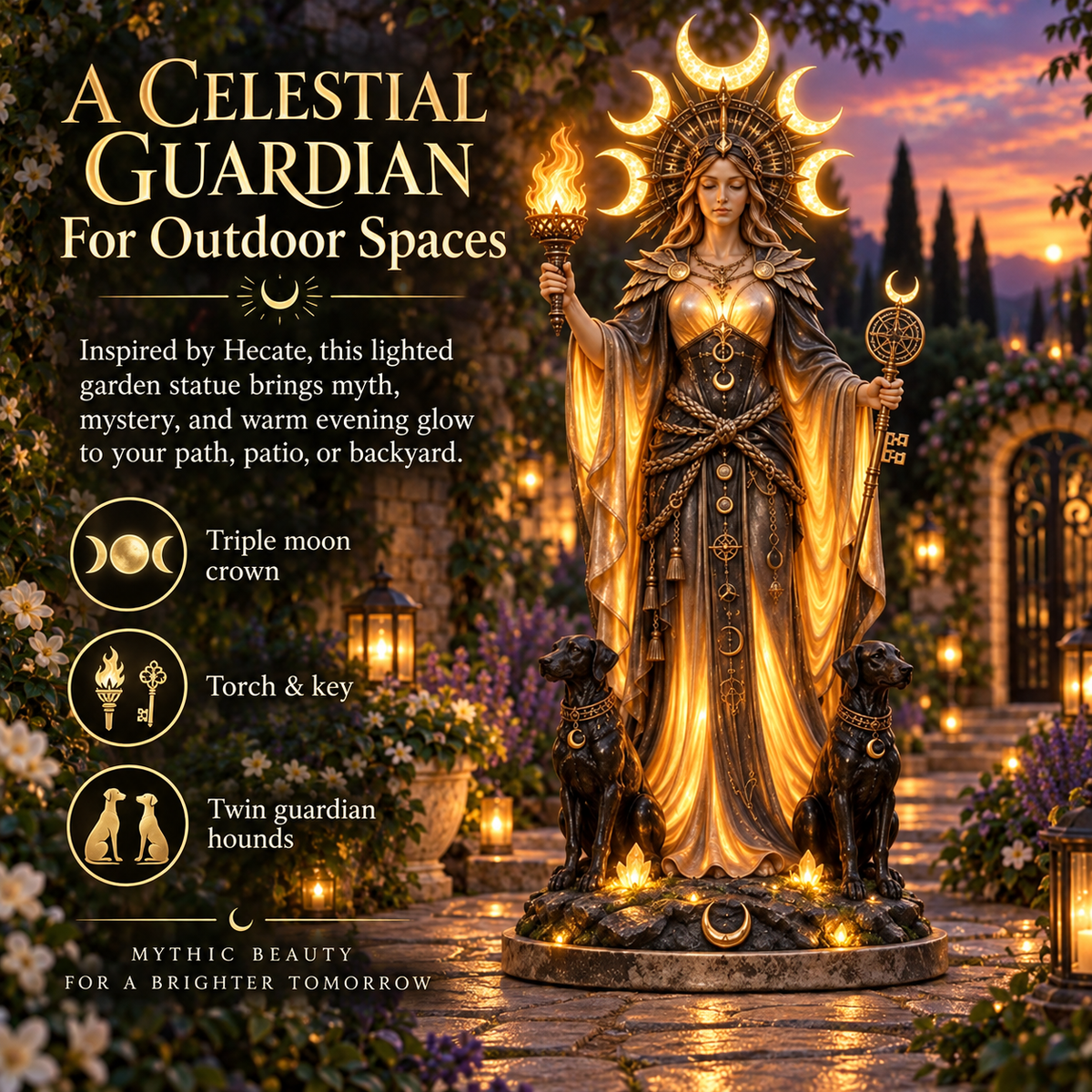 🌙🔥 Hecate Goddess Guardian Statue | Lighted Triple Moon Goddess with Twin Hounds, Torch & Key🎁