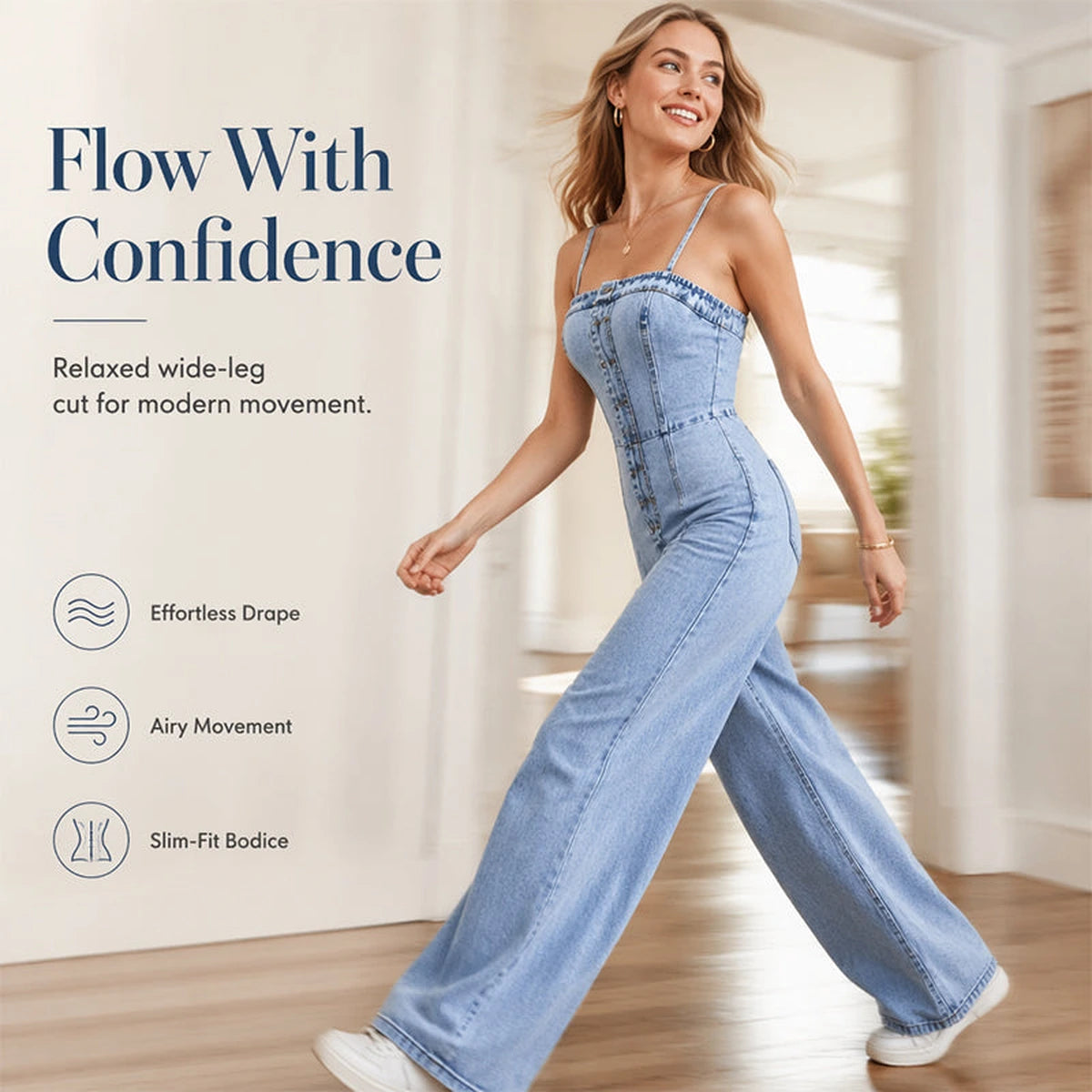 Woman walking in a light blue spaghetti strap wide leg denim jumpsuit