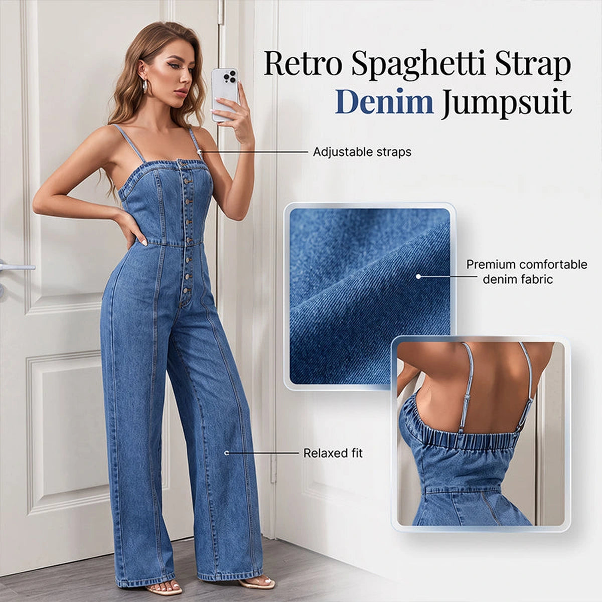 Adjustable straps, denim texture and relaxed fit details