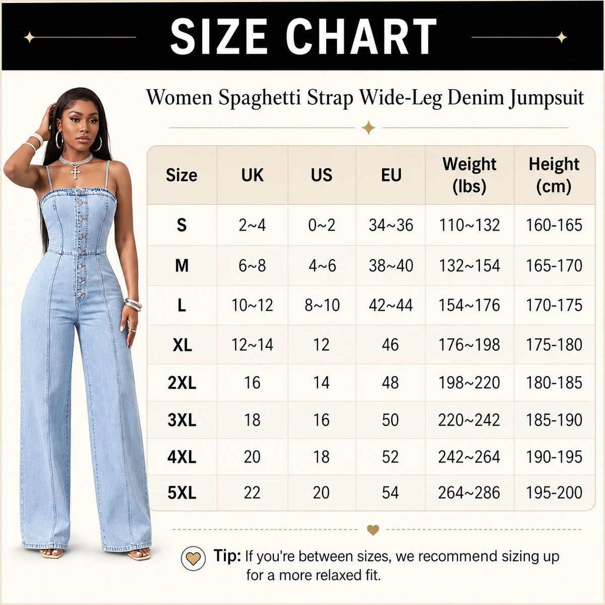 Women spaghetti strap wide leg denim jumpsuit size chart