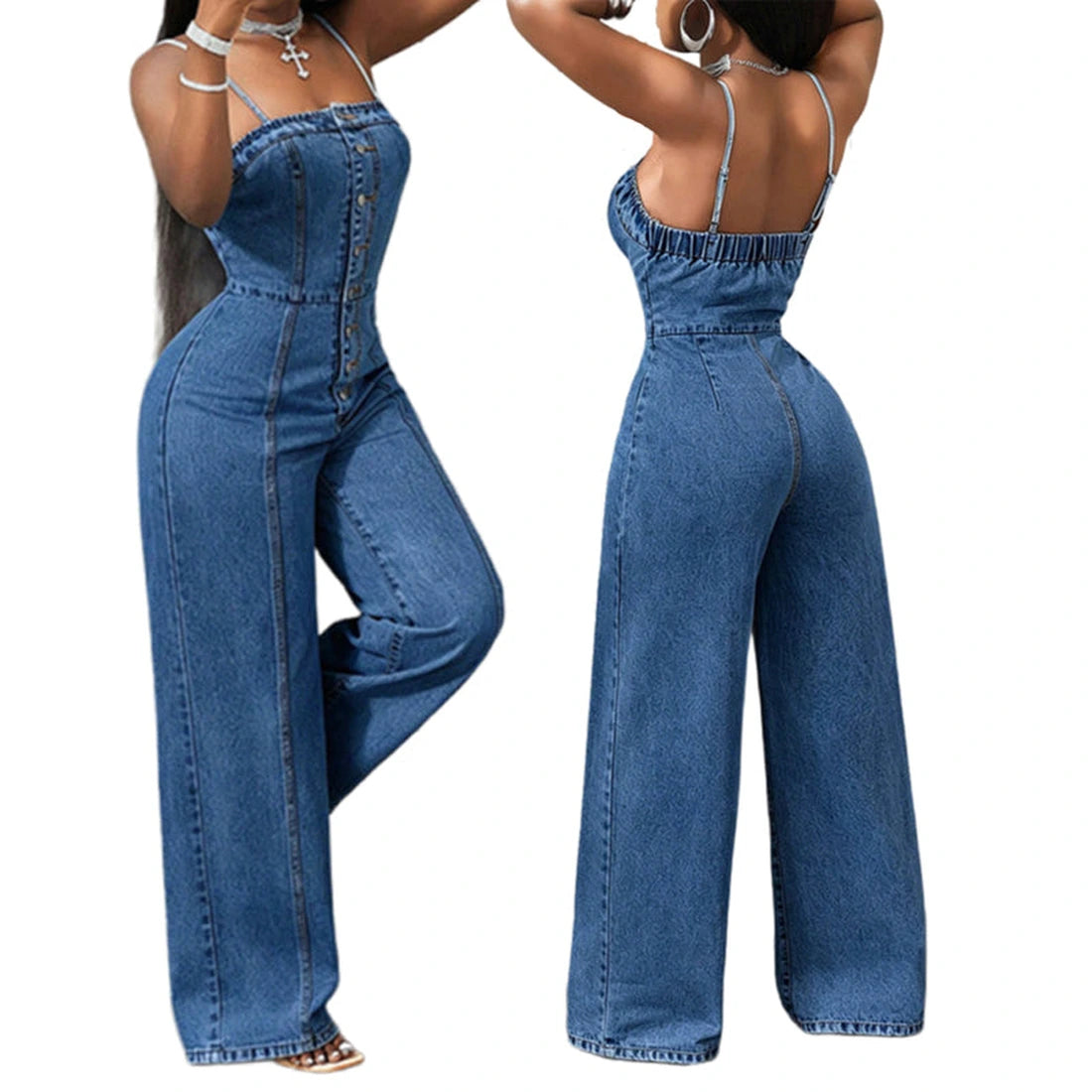 Dark blue denim jumpsuit front and back views