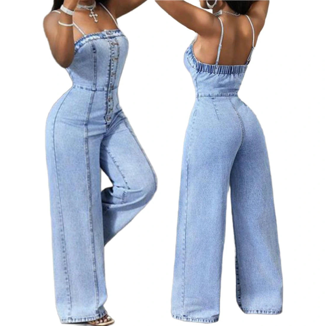 Light blue denim jumpsuit front and back views