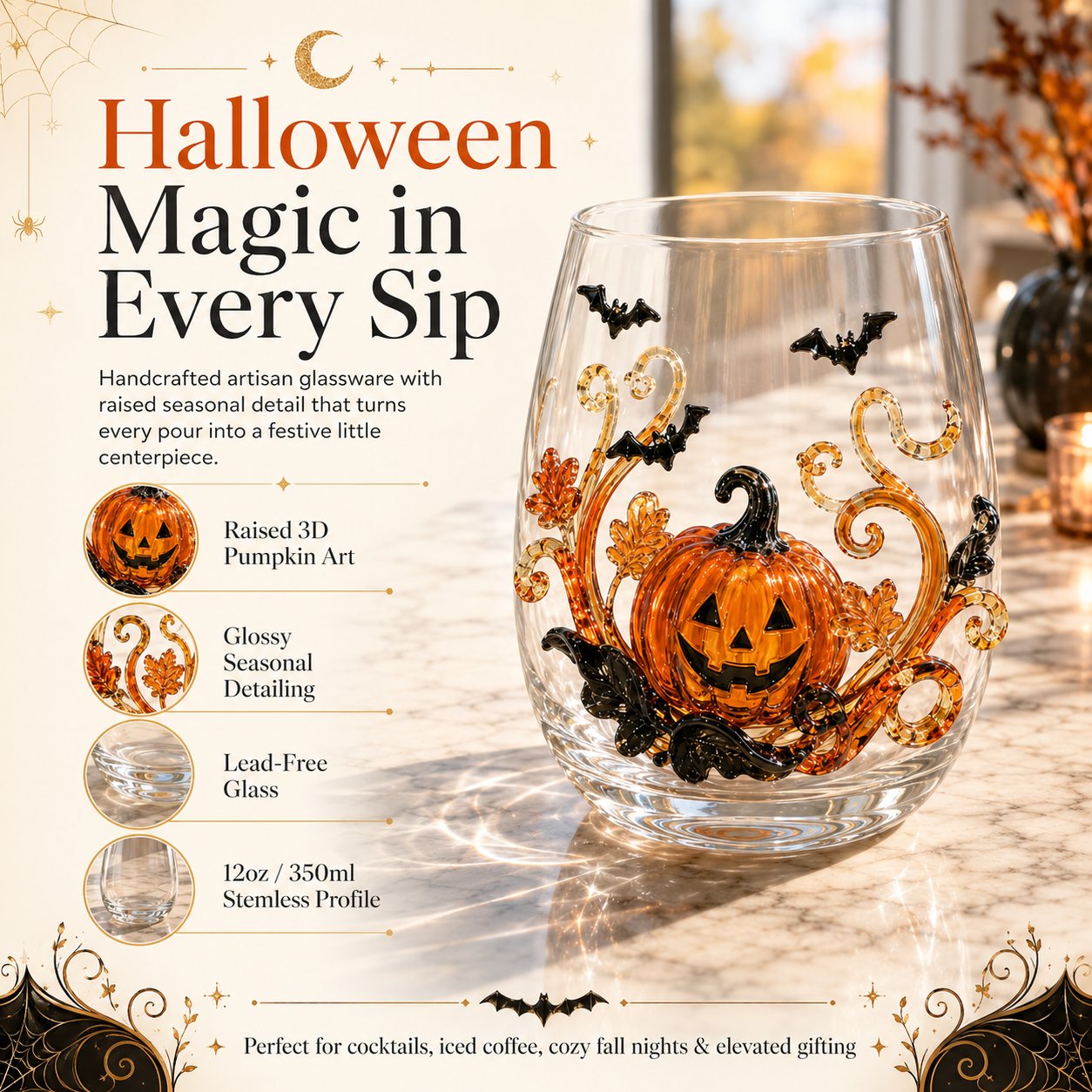 🎃 👻🍹 3D Halloween Glass Collection – Pumpkin, Ghost & Bat Designs for the Ultimate Fall Drinkware