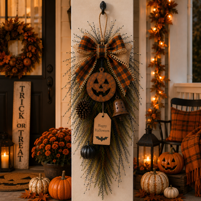 🎃🍂 Rustic Halloween Pumpkin Door Swag – Plaid Bow & Bell Hanging Décor