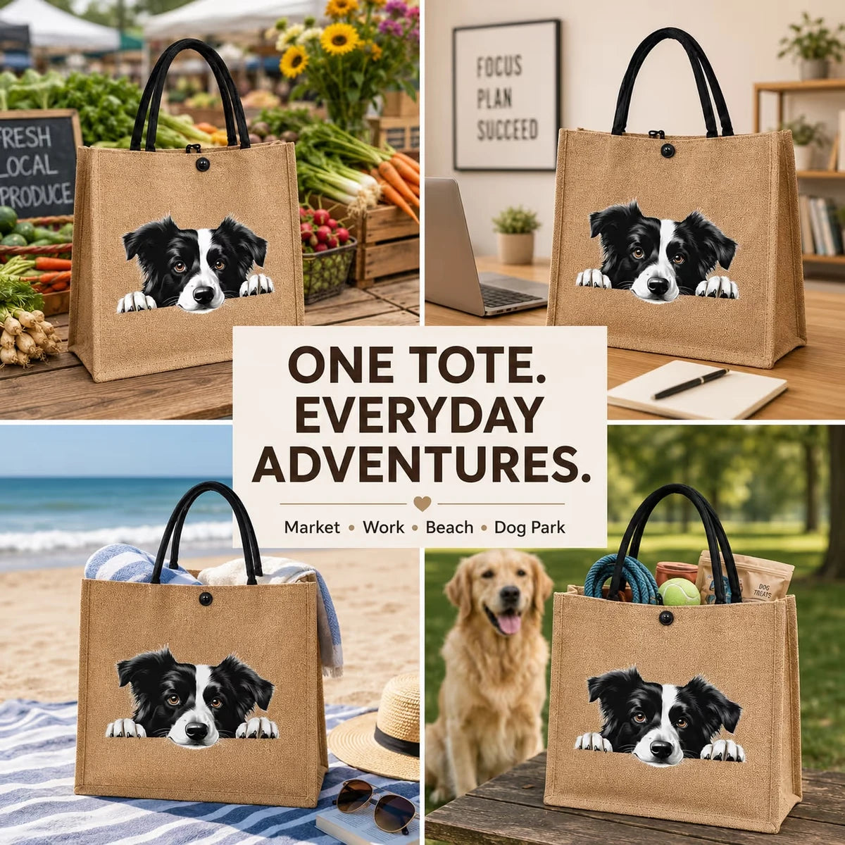 Dog tote shown in multiple everyday use scenes