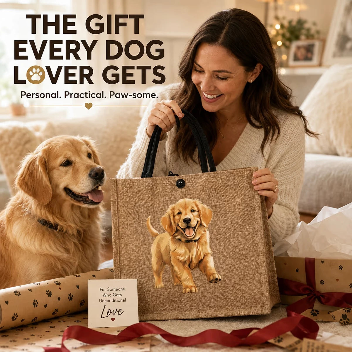 Dog tote bag shown as a gift